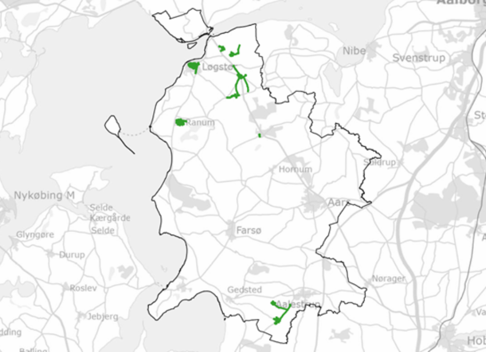 Et kort over Vesthimmerland hvor oplande der fortsat har fælleskloakering, fremstår med grøn markering.