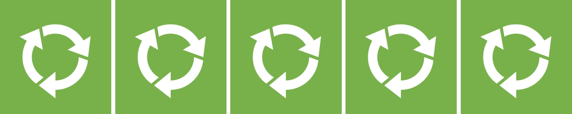 Et grønt banner med fem genbrugspiktogrammer på række