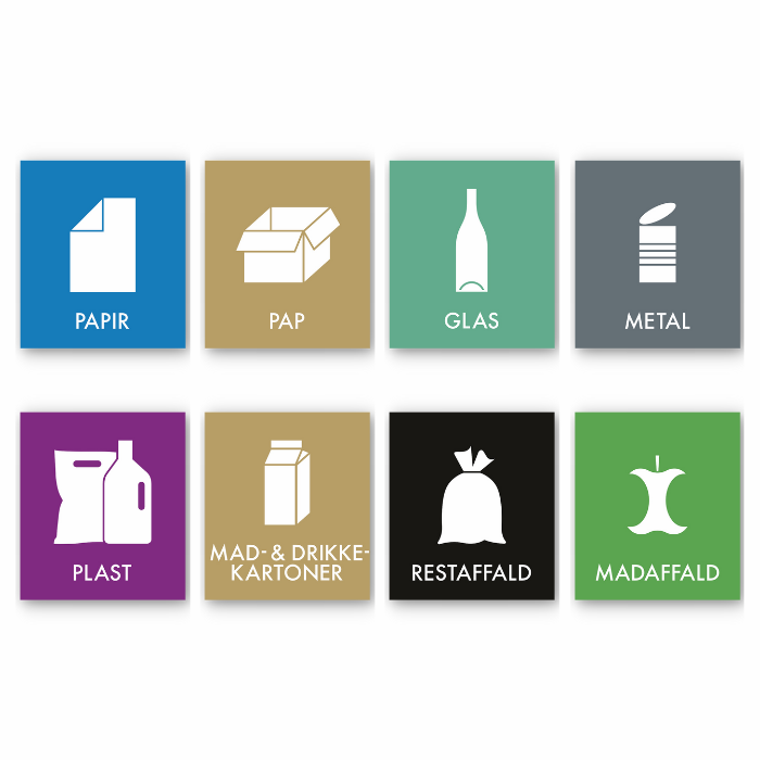 Otte piktogrammer til affaldssortering henholdsvis papir, pap, glas, metal, plast, mad- & drikkekartoner, restaffald og madaffald