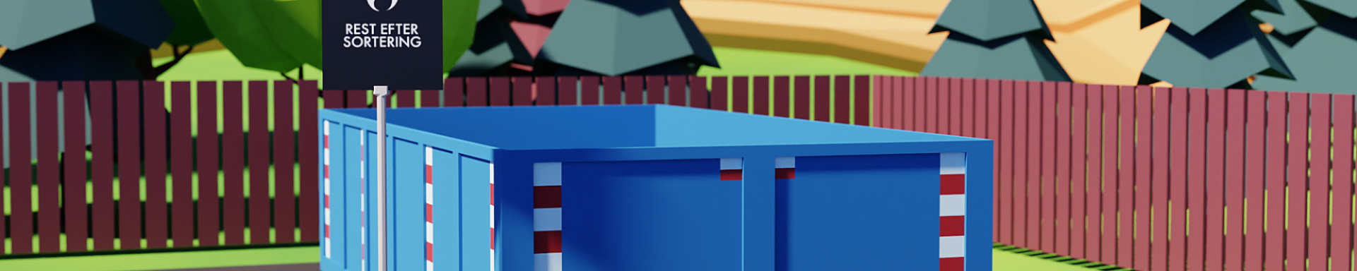 En blå affaldscontainer med et skilt ved siden af, hvor der står rest efter sortering