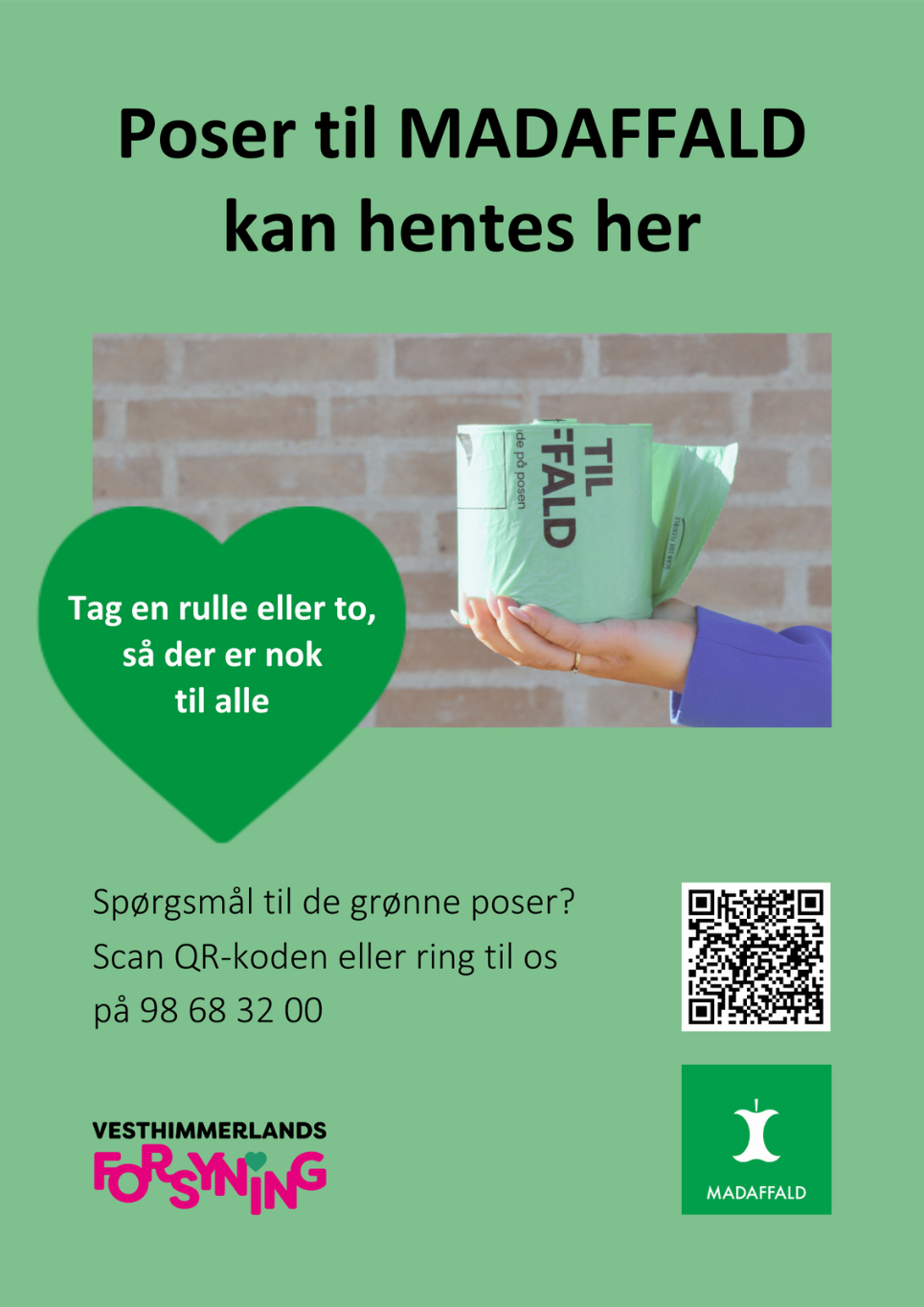 Plakat til bibliotekerne Grøn plakat med information om de grønne poser til madaffald